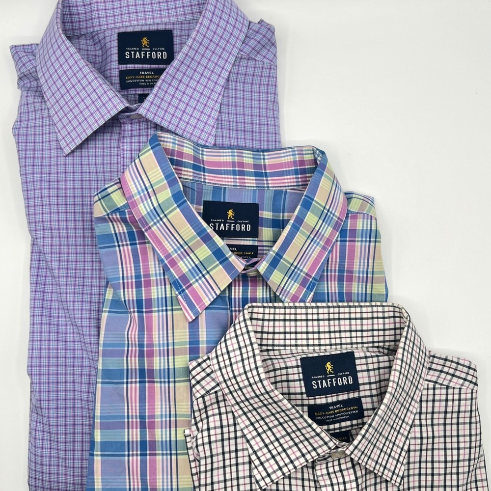 Stafford Mens Regular Fit Travel Dress Shirts 17.5 34/35 Checkered Lot of 3 0530